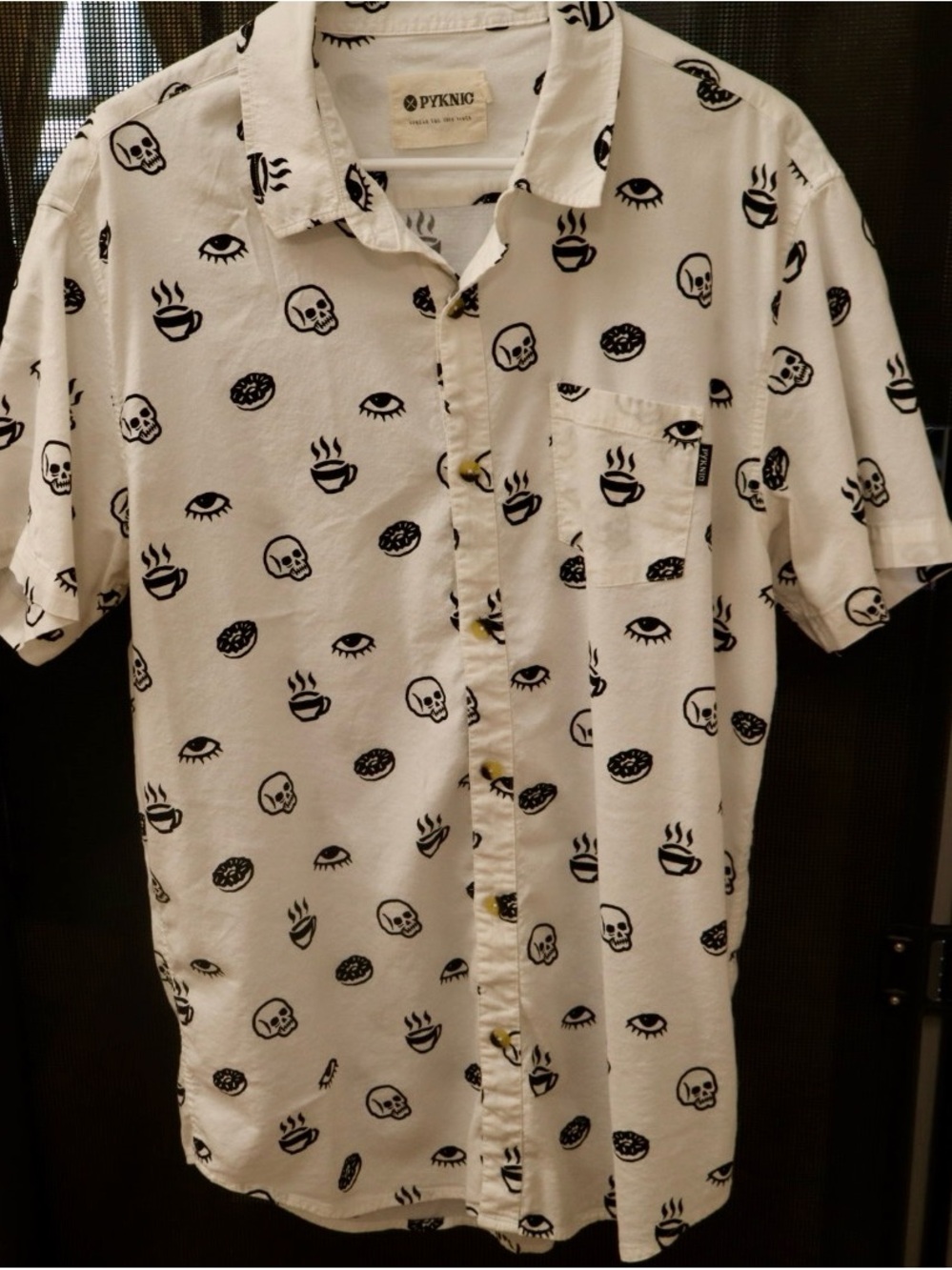 Men’s White Short-Sleeve Button-Up Shirt with Black Graphic Print
